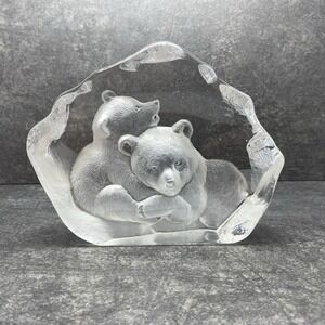 Mats‎ Jonasson Sweden Crystal Engraved Bear Cubs Paperweight Sculpture #3397
